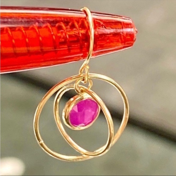 10k Yellow Gold 2 Carat Ruby Orbiting Dangle Saturn Spinning Drop Earrings - Picture 3 of 12